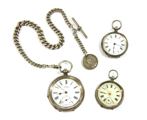 A Victorian sterling silver open-faced key wound pocket watch, 52mm diameter with a white enamel dial marked 'Kay's Triumph',