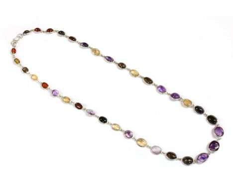 A silver assorted gemstone graduated rivière necklace, with oval cabochon amethyst, smoky quartz, citrine and garnet, spectac