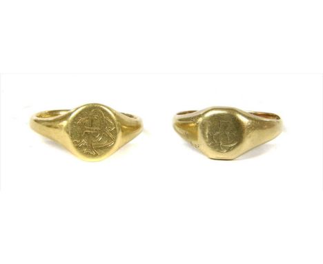An 18ct gold signet ring, the oval head with hand engraved monogram, initials BP, together with an 18ct gold cushion shaped s