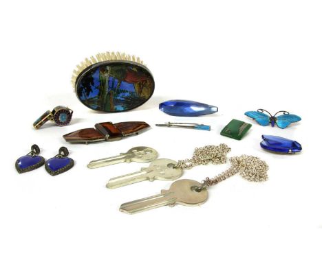 A quantity of silver and costume jewellery, to include a silver enamelled oar brooch, a silver enamelled butterfly brooch wit