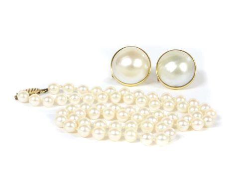 A pair of gold mabé pearl earrings, 22mm diameter approximately, rub set to a plain frame with post and hinged omega fittings