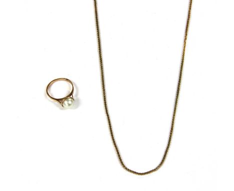 A gold cultured pearl ring, the cultured pearl 8.2mm in size, peg set to wire frame, marked 9ct, together with a 9ct gold box