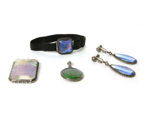 A quantity of silver butterfly wing jewellery, to include a pair of drop earrings with screw fittings, a brooch in the form o