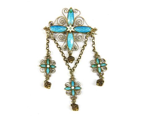 A Norwegian silver gilt enamel brooch, by Marius Hammer, white enamel star to the centre of blue guilloché enamel cross, with