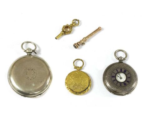 A sterling silver fusee verge hunter pocket watch, 48mm diameter with circular barley engine turned decoration to both covers