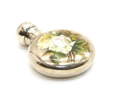 A Victorian silver and enamel perfume bottle, by Saunders &amp; Shepherd, of circular form, having central white rose hand pa