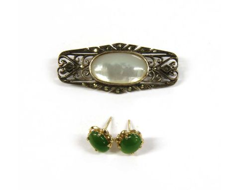 A pair of gold jade stud earrings, tested as approximately 14ct gold, 1.48g, together with a silver mother-of-pearl and marca