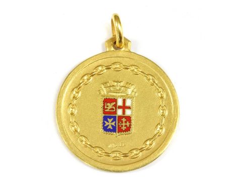 An Italian gold enamel Naval yacht school medal, the Naval ensign of Italy in enamel with anchor chain border to one side, to