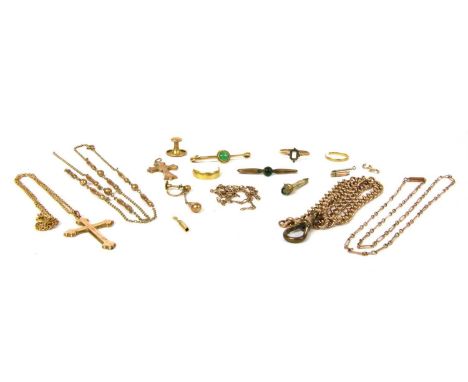 A quantity of gold jewellery, to include a 9ct gold dress stud, a section of 9ct gold curb chain, a cross and chain marked 9c