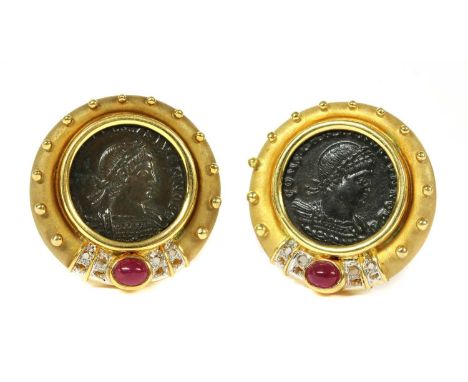 A pair of gold-mounted Roman coin earrings, Constantine II follis, rub set to a plain frame, with tapered border rub set to t