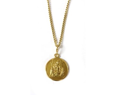 An Italian 18ct gold Madonna and Child pendant, by UnoAErre, suspended from an 18ct gold curb chain by UnoAErre, both marked 
