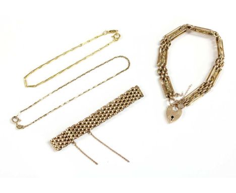 Four gold bracelets, to include a gate bracelet with heart shaped padlock clasp, marked 9ct, a panther link bracelet with con