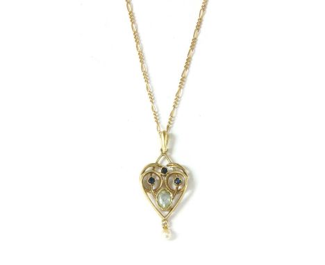 A 9ct gold aquamarine, sapphire and pearl pendant, an oval mixed cut aquamarine, spitch set to a plain collet at the centre, 