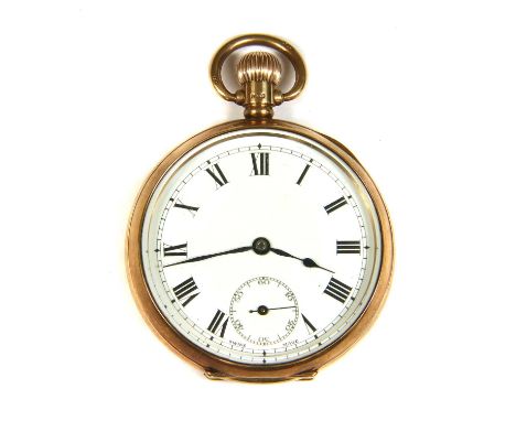 A Swiss 9ct gold top wind open-faced pocket watch, 50mm diameter, with white enamel dial, black Roman numerals, subsidiary se