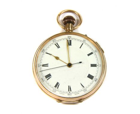 A 9ct gold open-faced pin set chronograph pocket watch, 49mm diameter with a white enamel dial, black Roman numerals, gold sp