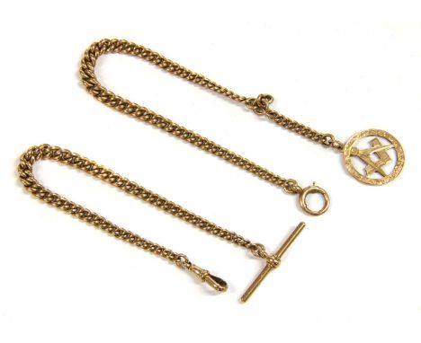 A 9ct gold graduated curb link double Albert chain, currently in two halves, one half with an swivel clasp at one end and T-b