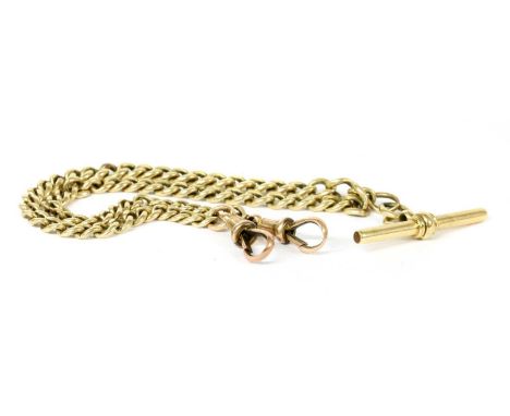 A gold curb link double Albert chain, with T-bar, tested as approximately 15ct gold, with two swivel clasps, tested as approx
