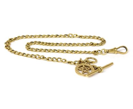 An 18ct gold curb link double Albert chain, with T-bar, swivel clasp, and half solid bolt ring fittings, suspending an openwo