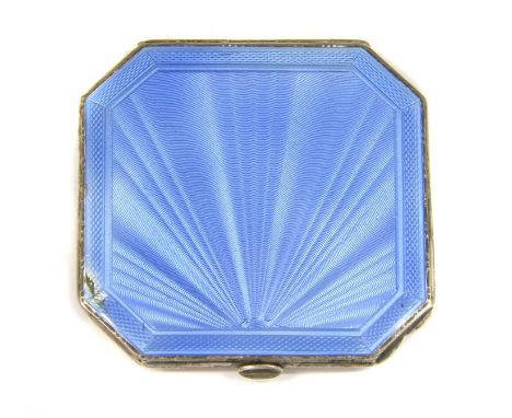 An Art Deco sterling silver guilloché enamel compact, by Henry Clifford David, the square case with canted corners and light 