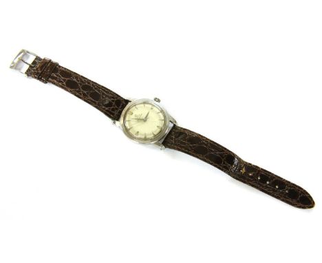 A gentlemen's stainless steel Omega 'Seamaster' automatic strap watch, c.1950, ref. 2577-1, 36mm diameter with a silvered dia