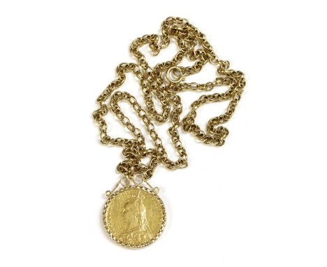 An 1889 sovereign, bezel set to a pendant mount, suspended from a oval belcher chain, tested as approximately 9ct gold, 640mm