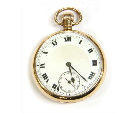 A 9ct gold open-faced pocket watch, 48mm diameter, with a white enamel dial, black Roman numerals, blued spade hands and subs