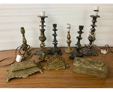 Assorted candelabra, trivets and a jewellery box