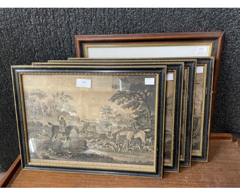A set of four French hunting scene prints, a limited edition Archibald Thorburn print of a fox and and a hunting scene print