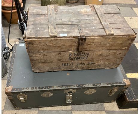 A vintage steamer trunk and a Dutch pine crate 