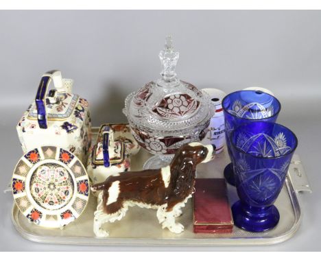 A tray of collectables to include Royal Crown Derby plate, Masons ware, Goebel dog etc.