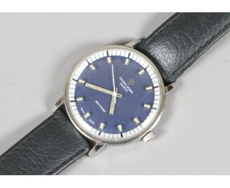 A Favre Leuba Sea Chief manual wristwatch on leather strap with matt blue dial and baton markers.