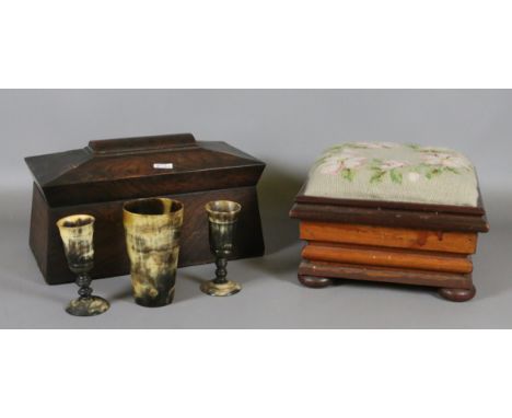 Three Victorian turned horn beakers, Regency rosewood tea caddy carcass and an upholstered work box.