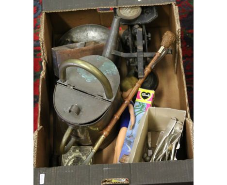 A box of assorted metalwares including kitchen scales, block plane, silver plated cutlery and a boxed Sindy doll.