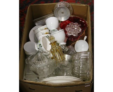 A box of miscellaneous glass and teawares to include brawn and jelly moulds Noritake teaset etc.