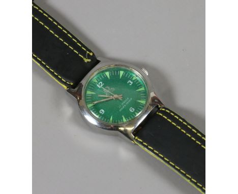 A gentleman's Titus manual wristwatch with metallic green dial and centre seconds, recently serviced.