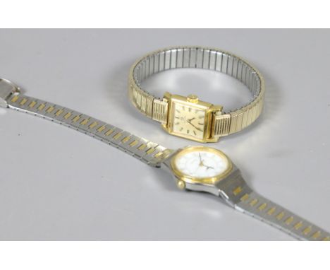 A ladies vintage Omega manual wristwatch with square satin dial with baton markers along with a ladies Longines quartz watch 