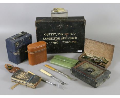 A World War II armoured fighting vehicle first aid kit and other collectables including Brownie camera, Victorian pickle fork