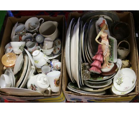 Two boxes of miscellaneous to include mixed ceramics many pieces decorated with hunting scenes including Royal Winton, Wedgwo