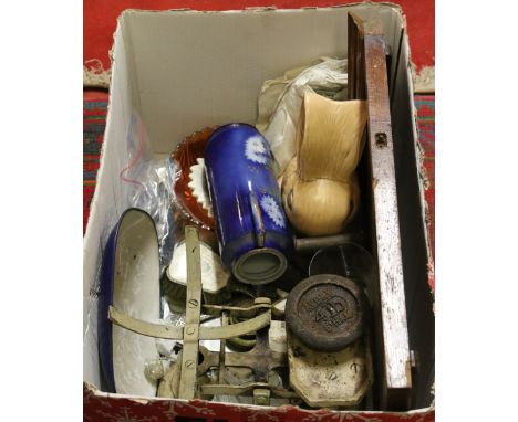 A box of miscellaneous metalwares and ceramics to include kitchen weighing scales and weights, linen oak framed mirror, Sylva