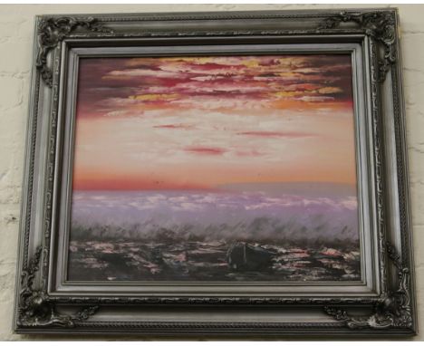 Three ornate silver framed oil on canvas to include seascape and Jazz musicians.