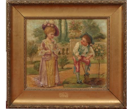 Victorian school. Gilt framed oil on canvas, portrait of a young child posed as a gardener and companion. Signed indistinct, 