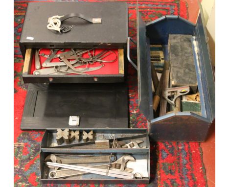 Two metal tool boxes to include engineers taps and dyes, micrometers, measures etc,