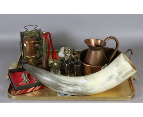 A tray of collectables to include a carved horn bugle, copper items, ornate decorative daggers etc.