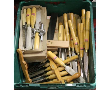 A box of joiners and wood turning tools by Marples and Stormount many in unused condition.