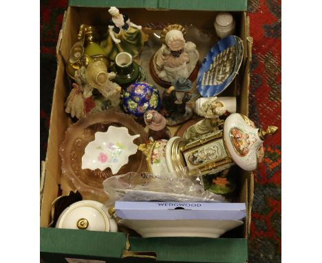 A box of collectables to include a Capodimonte cigarette dispenser, Poole pottery, Wedgwood etc.