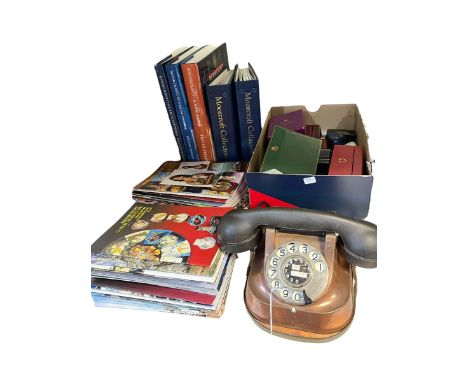 Vintage telephone, jewellery boxes, Moorcroft books and booklets, etc.