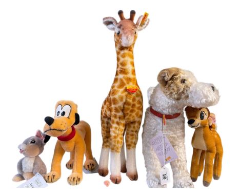 Five Steiff teddy/cuddly toys, Thumper, Pluto, Giraffe, Foxy and Bambi.