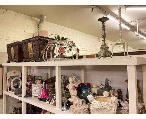 Collection of decorative lady figurines, cast iron punch door stop, mirrors, prints, pair of baskets, ceiling light, etc.