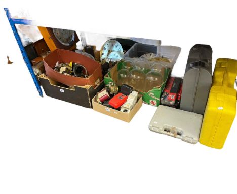 Collection of mantel clocks, glass domes, clock parts, etc.