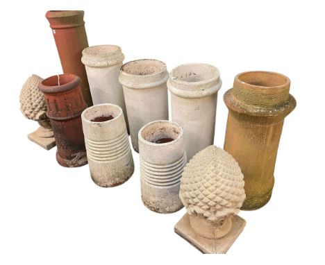 Collection of eight various vintage chimney pots including terracotta and pair acorn finials (10).